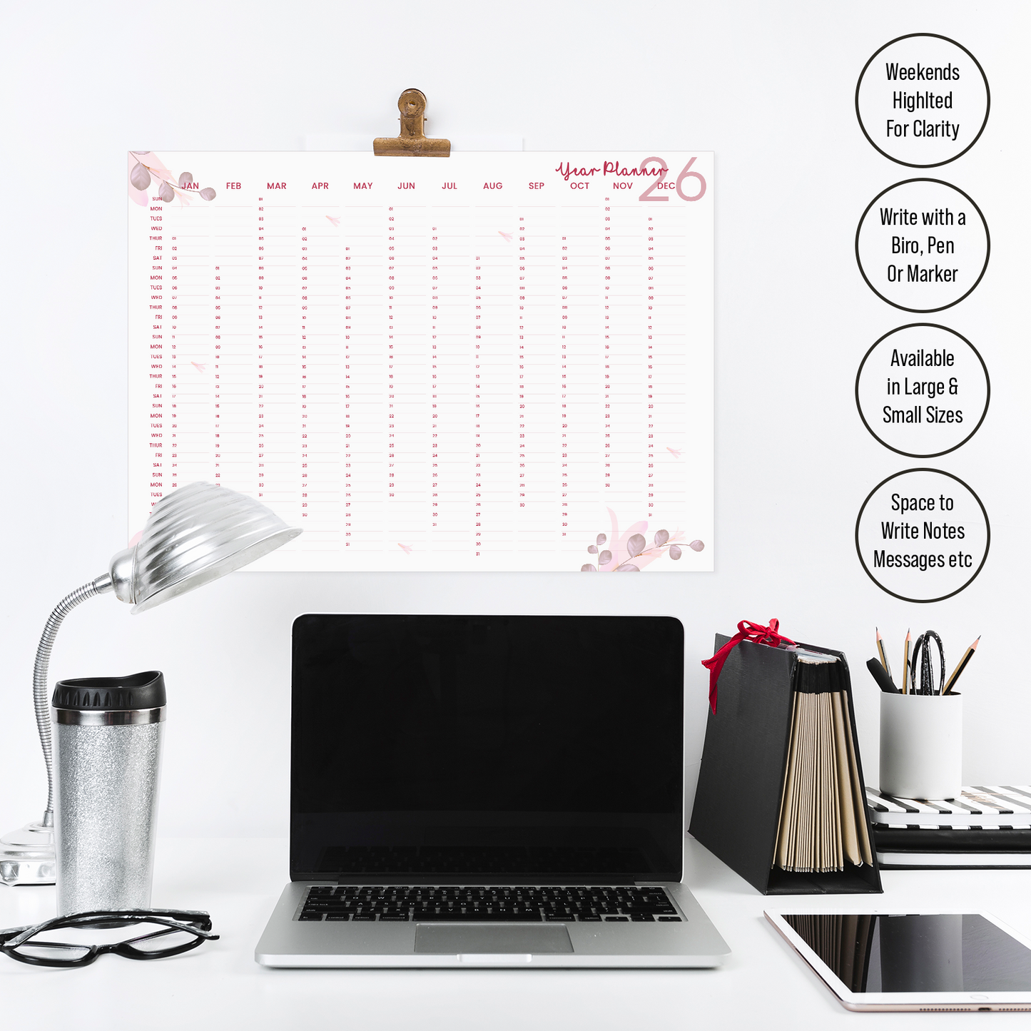 2026 Wall Planner Full Year Calendar Pink Planner For Home Office Jan-Dec A5-A3