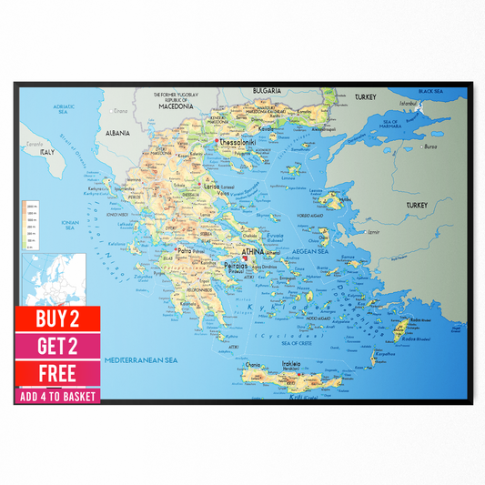 Map of Greece Poster Print Wall Art Home Decor A5 A4 A3 Educational Print