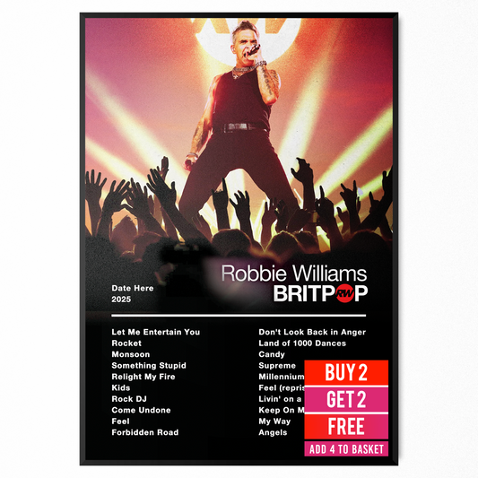 Robbie Williams 2025 UK Setlist Poster Britpop Tour Live UK/Ireland Arena Tour