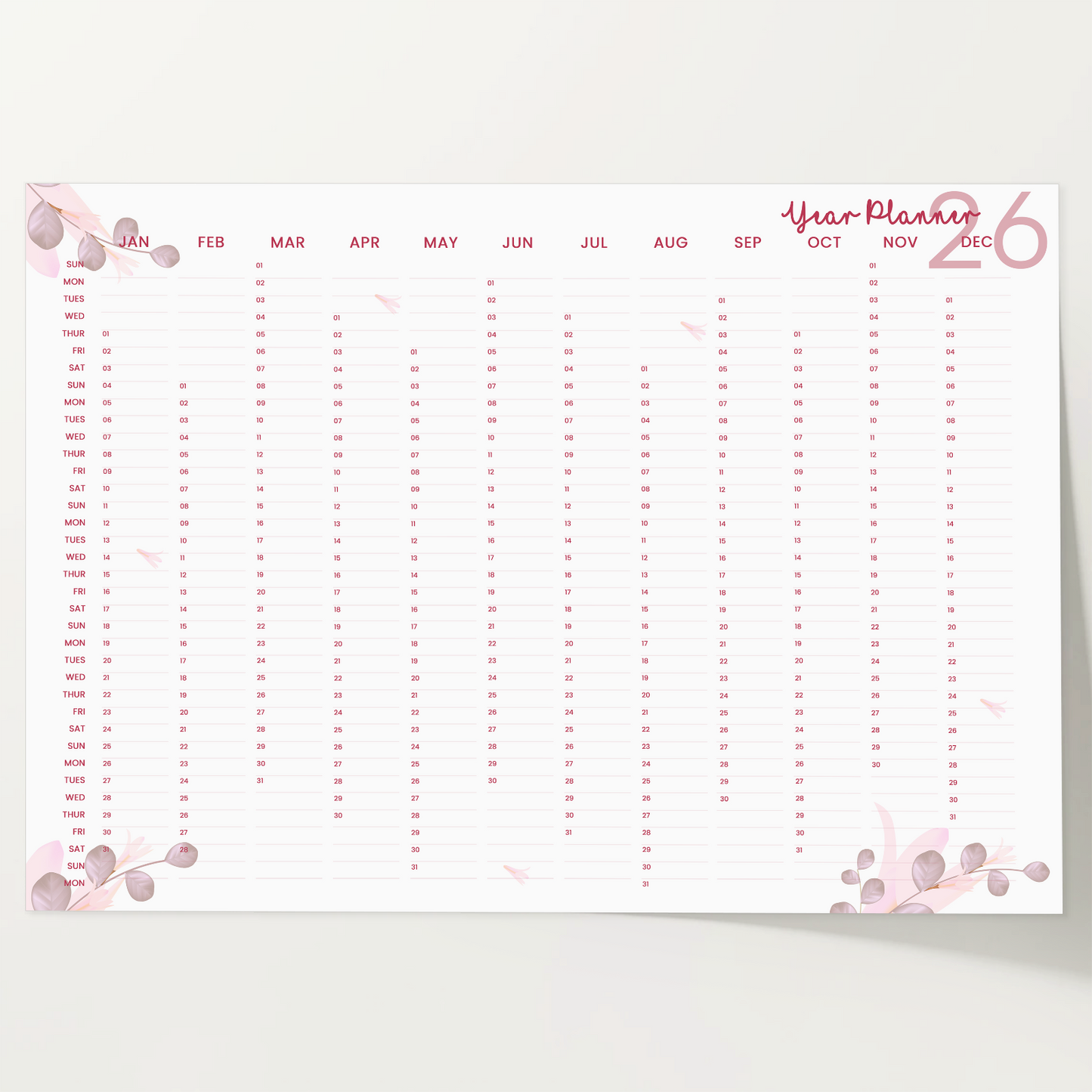 2026 Wall Planner Full Year Calendar Pink Planner For Home Office Jan-Dec A5-A3
