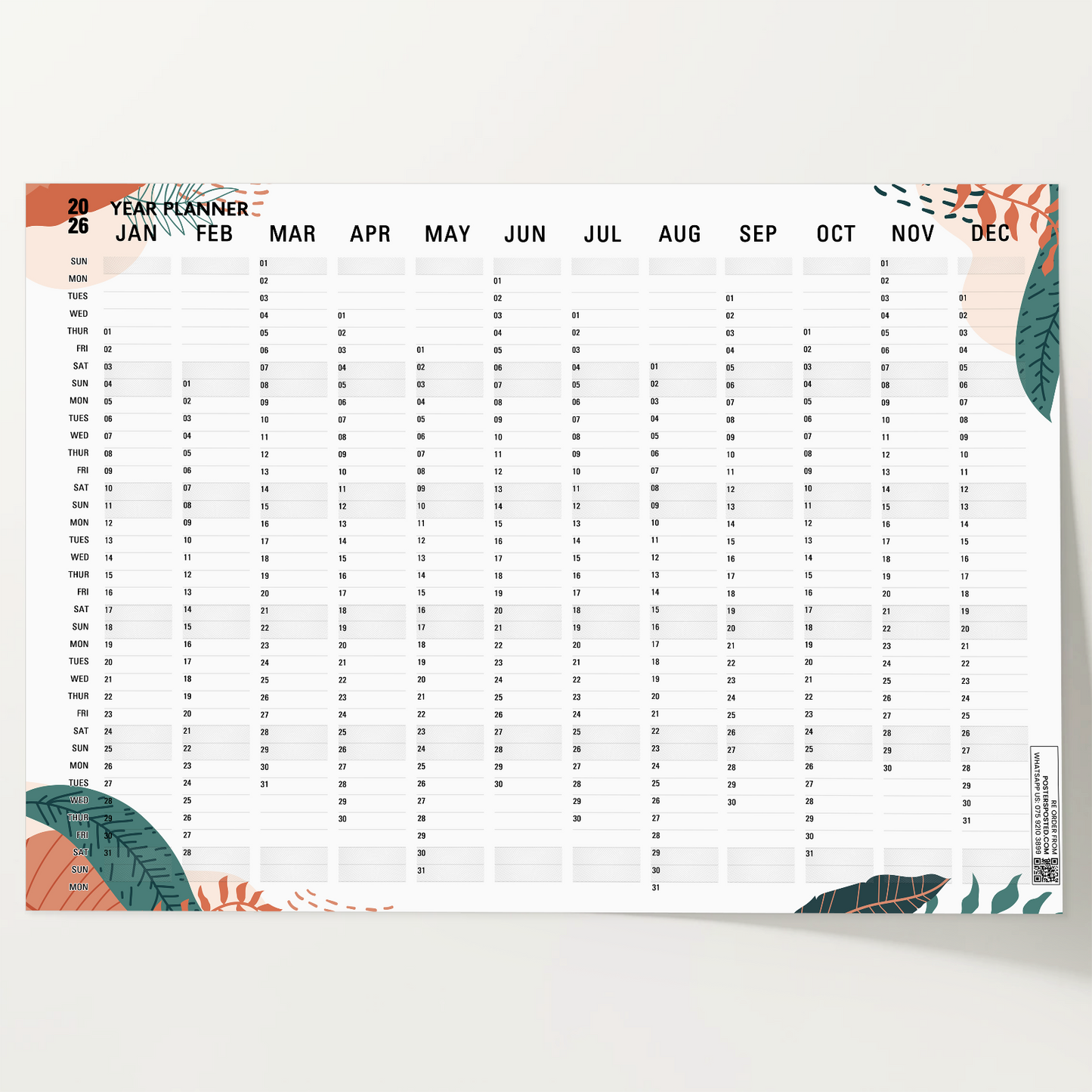 2026 Year Planner Wall Calendar Planner Wall Chart Calendar Home Office Work