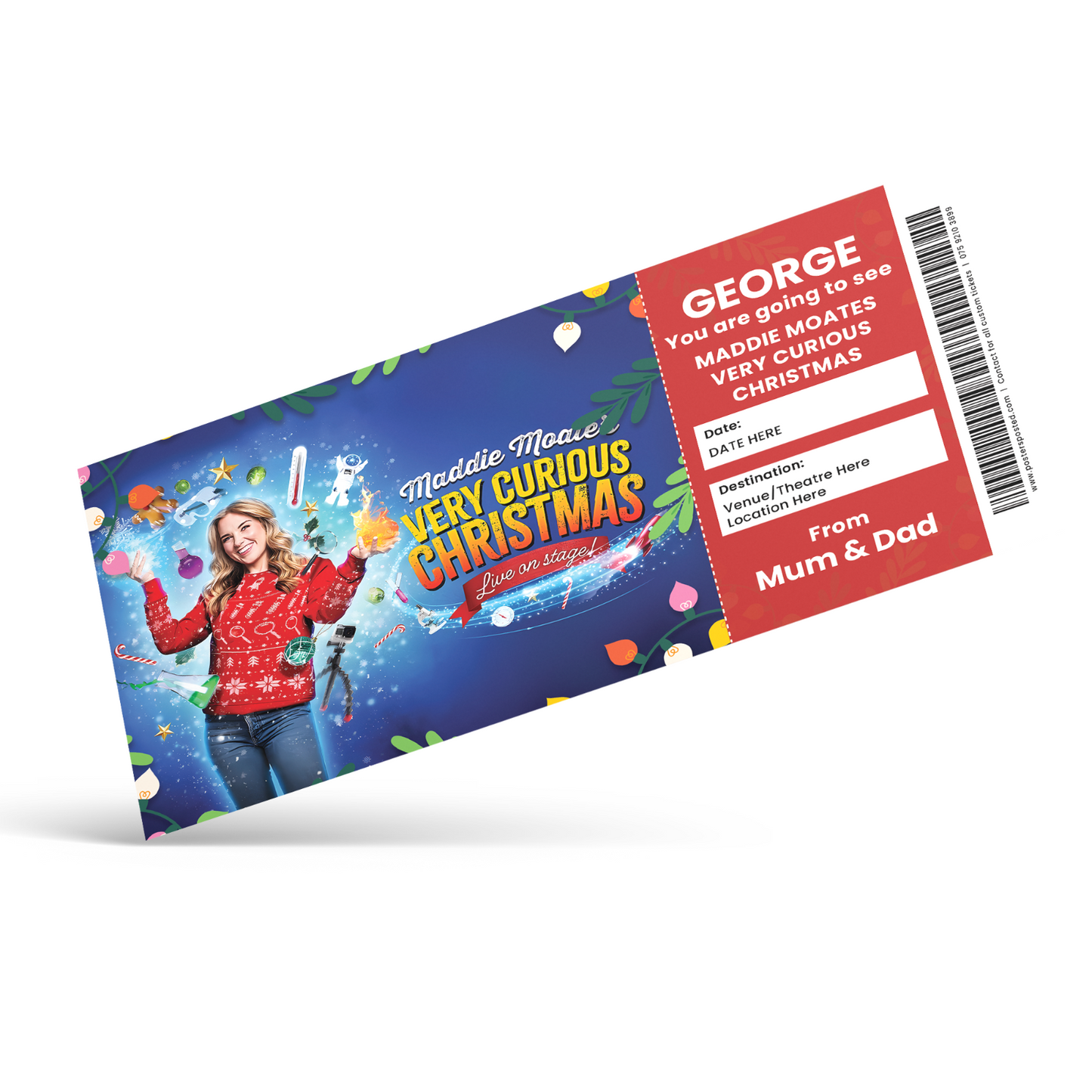 Maddie Moates Very Curious Christmas Theatre Xmas Ticket Personalised Gift