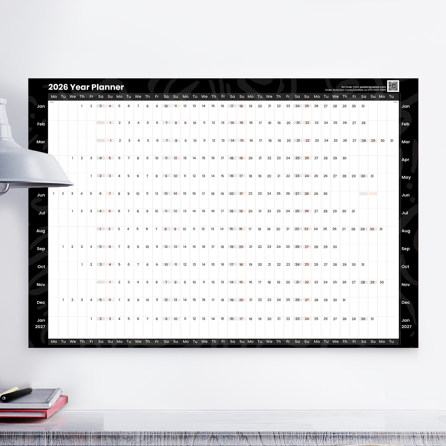 2026 Full Year Wall Planner Calendar Home Office Work Black A5 A4 A3 Calendar