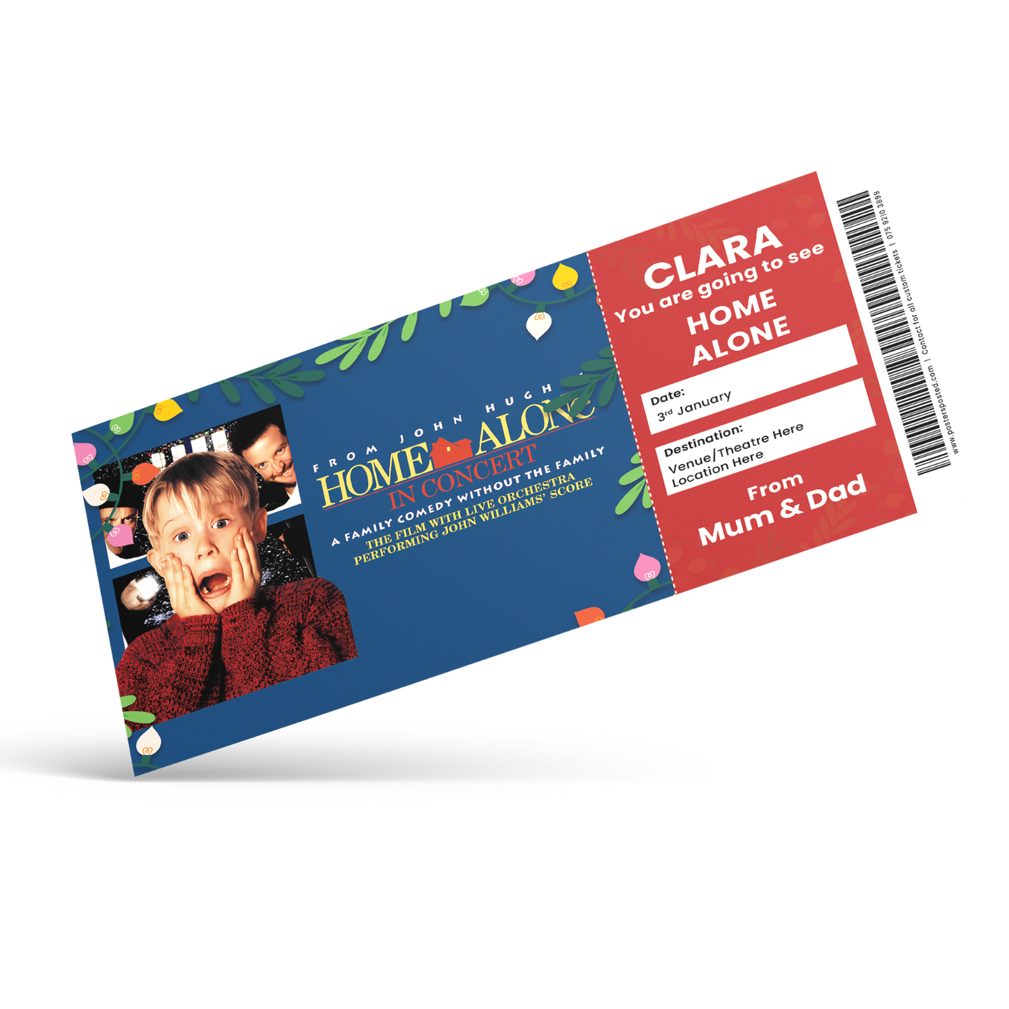 Home Alone In Concert Ticket Xmas Personalised Christmas Gift Keepsake Card
