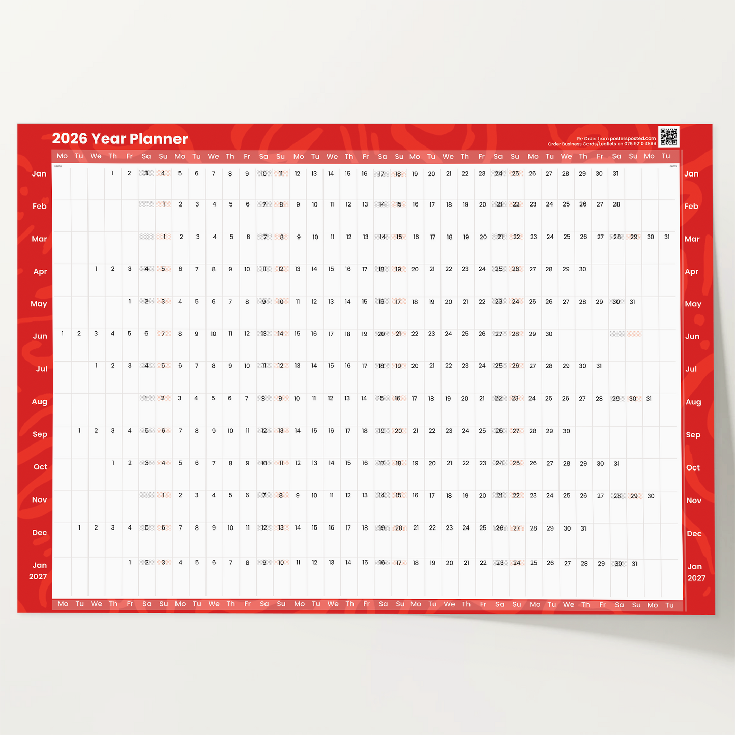 2026 Wall Planner Full Year Calendar Red Planner For Home Office Jan-Dec A5-A1