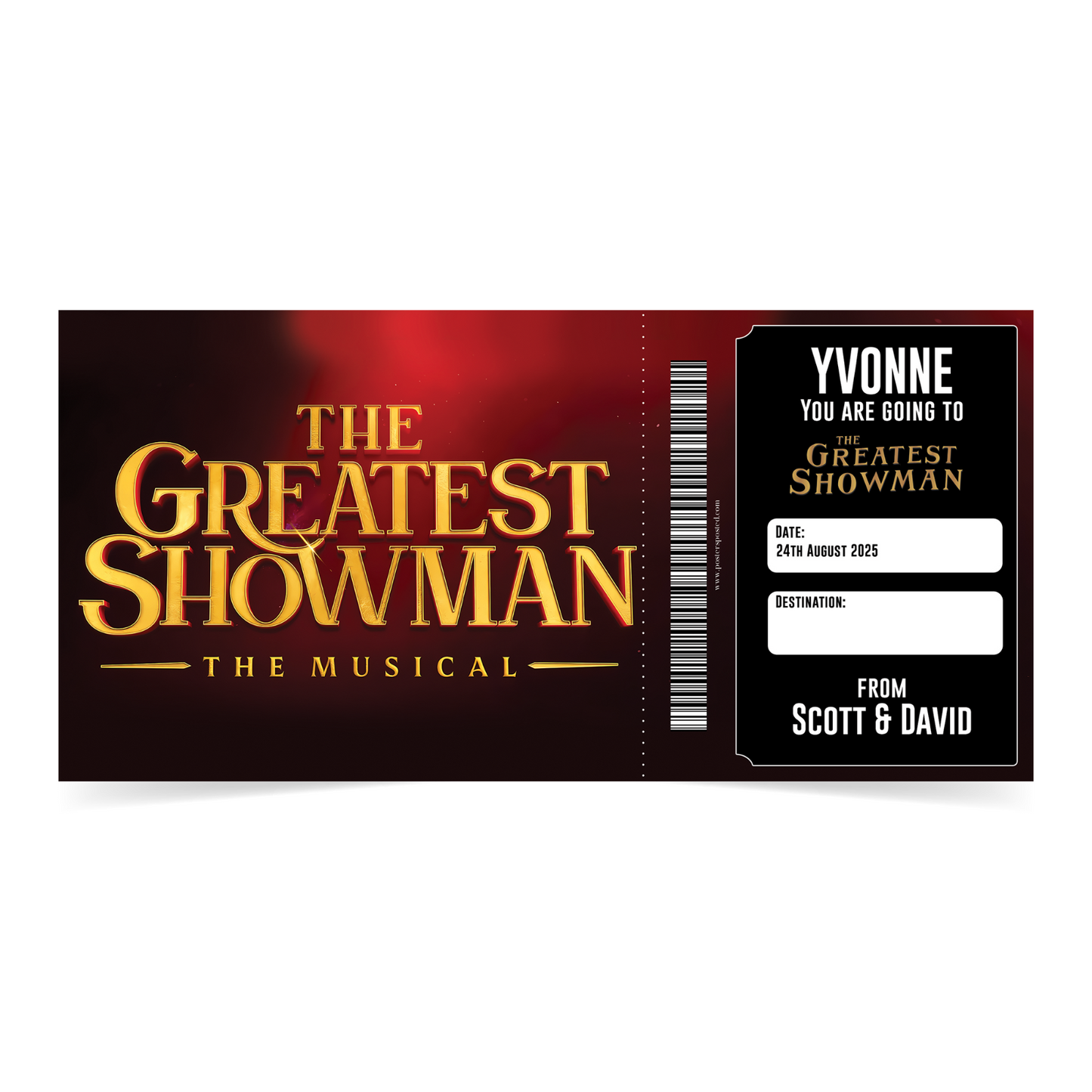 The Greatest Showman Theatre Ticket Musical Gift Voucher Surprise Personalised