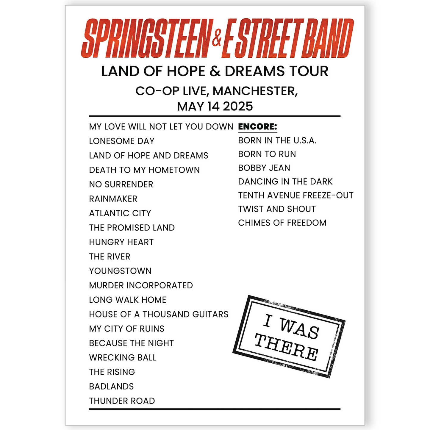 Bruce Springsteen Manchester Co-Op Live 2025 Setlist Poster Rock Fans A5-A3