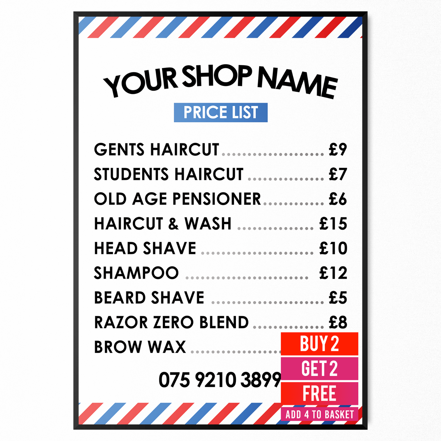 Barber Shop Price List Poster Sign - Salon Advertising Price List A5-A3