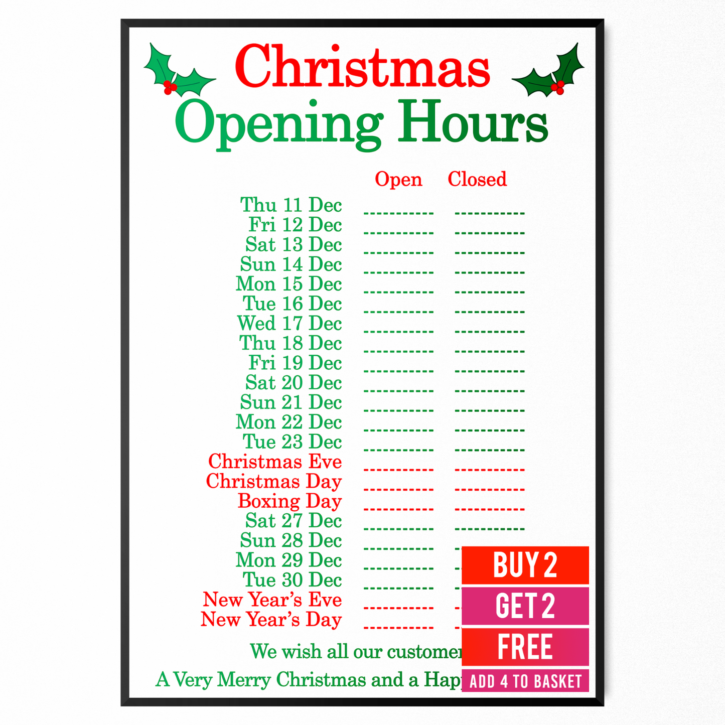 Christmas Shop Business Opening Hours And Time 2025 Xmas Poster Print A5-A3