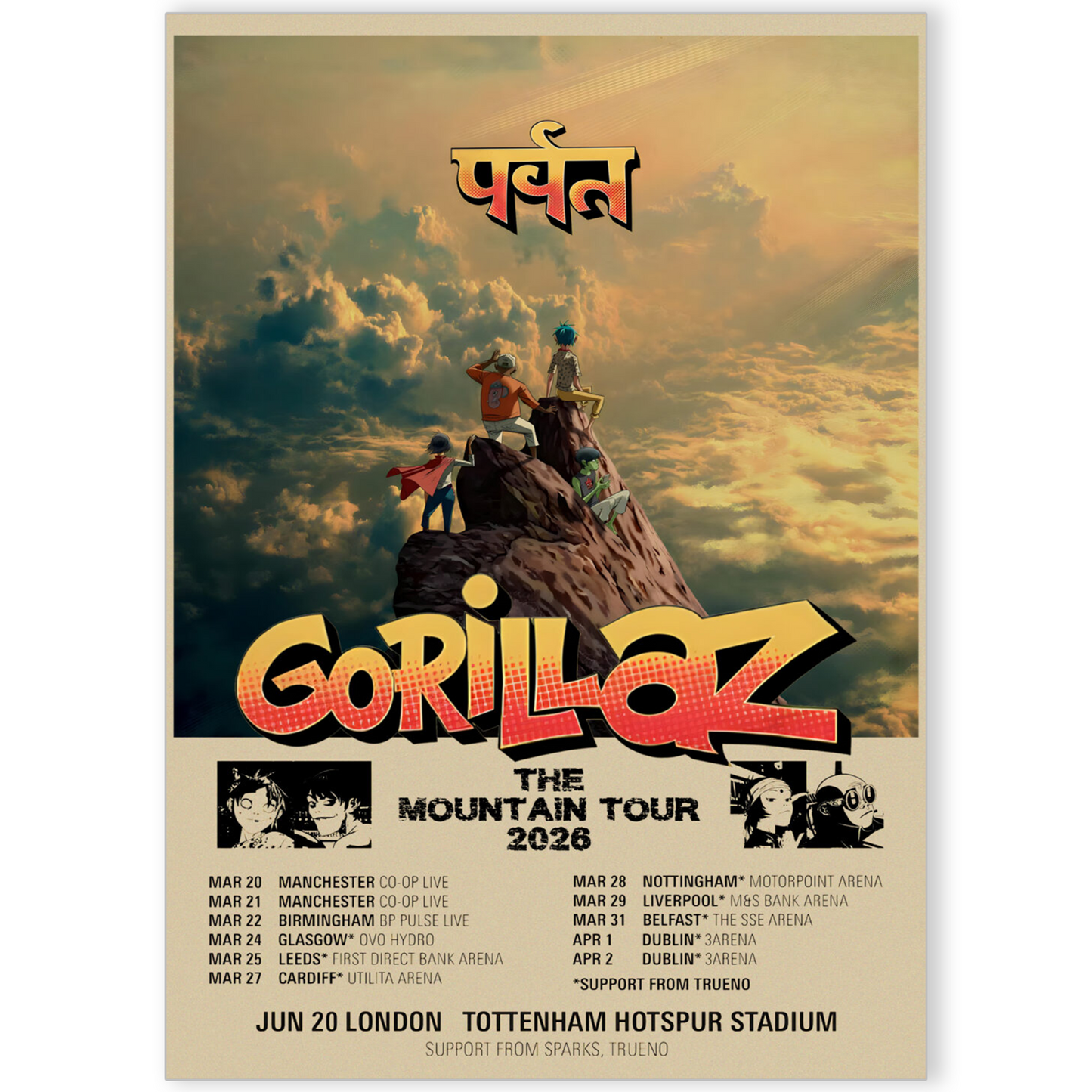 GORILLAZ THE MOUNTAIN TOUR POSTER  2026 Tour All UK Dates Poster Decor A5-A3