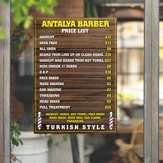 Barber Shop Price List Advertising Salon Sign Poster Indoor Vinyl Sticker A5-A3