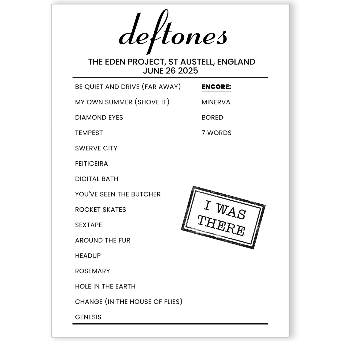 Deftones 2025 Eden Project Setlist Poster St Austell UK Arena Tour A5 A4 A3