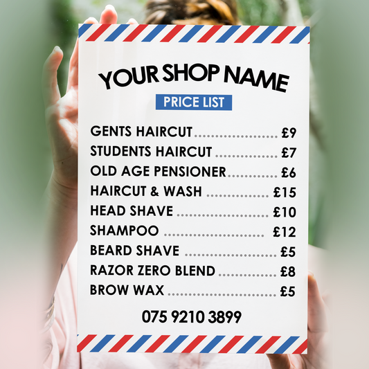 Barber Shop Price List Poster Sign - Salon Advertising Price List A5-A3