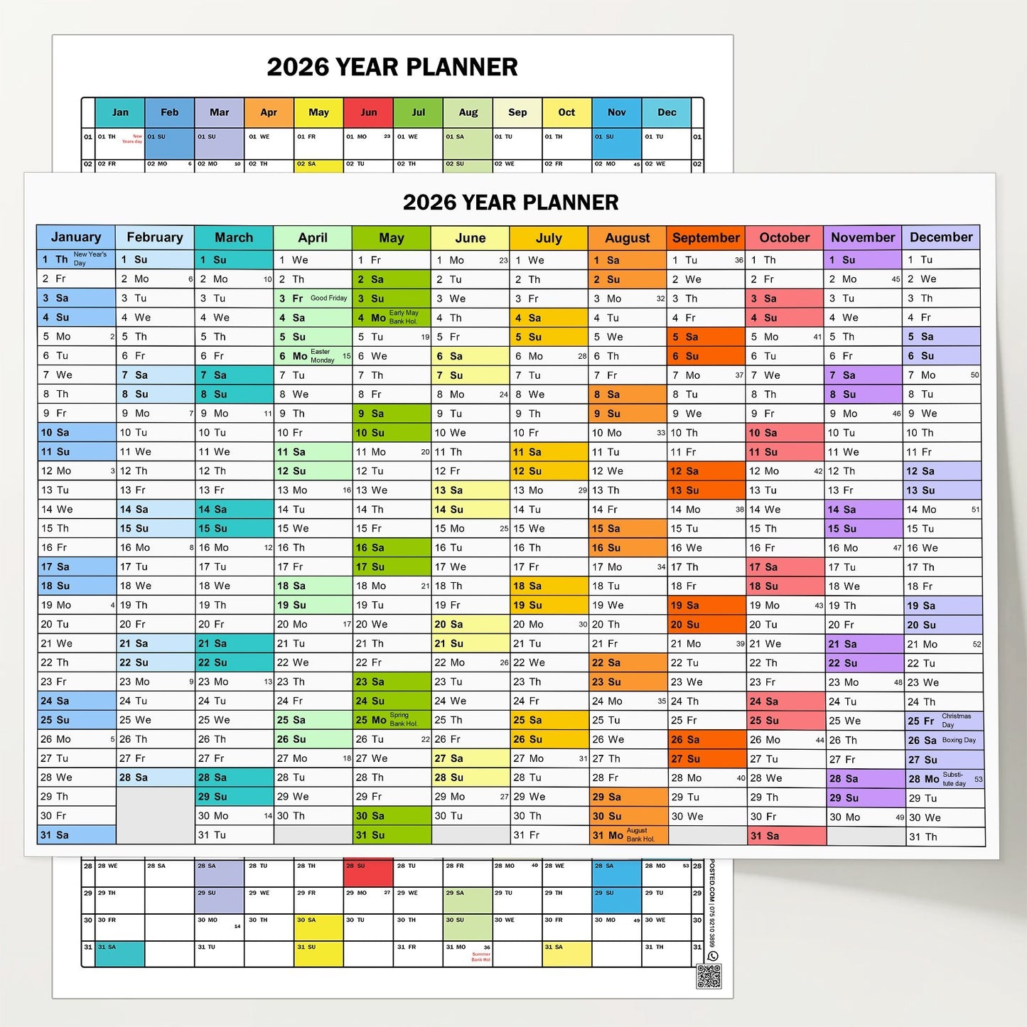 2026 Vertical Year Planner Wall Planner Calendar Holidays | A5 A4 A3 A2 A1