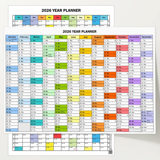 2026 Vertical Year Planner Wall Planner Calendar Holidays | A5 A4 A3 A2 A1