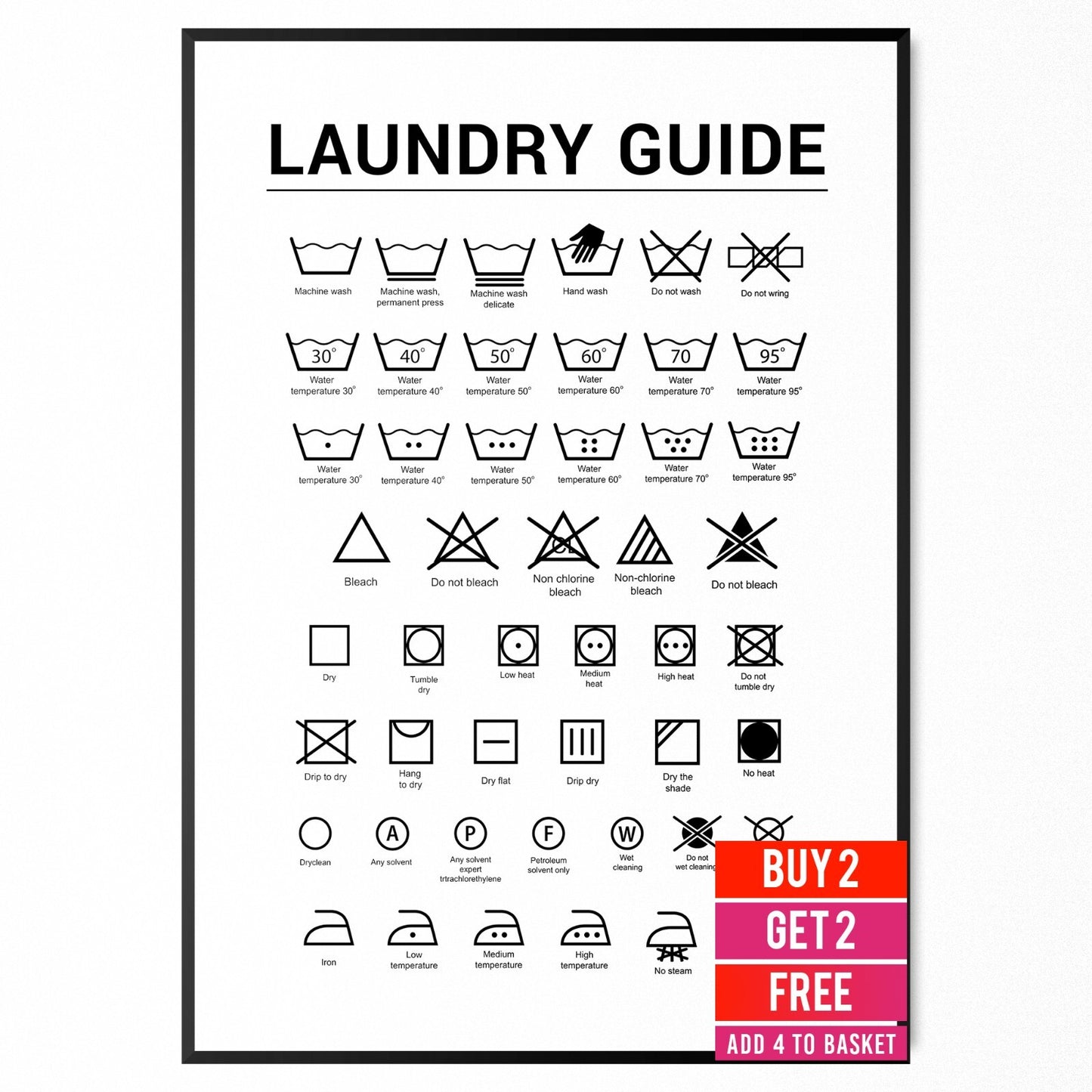 Laundry Room Poster Bathroom Minimalist Print Wash Symbol Care Guide Wall Art