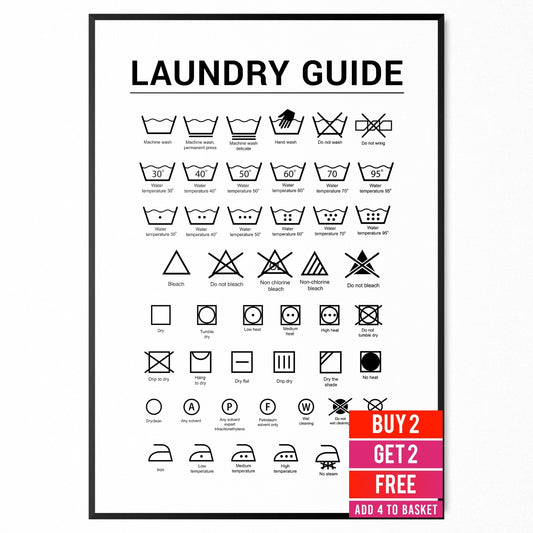 Laundry Room Poster Bathroom Minimalist Print Wash Symbol Care Guide Wall Art