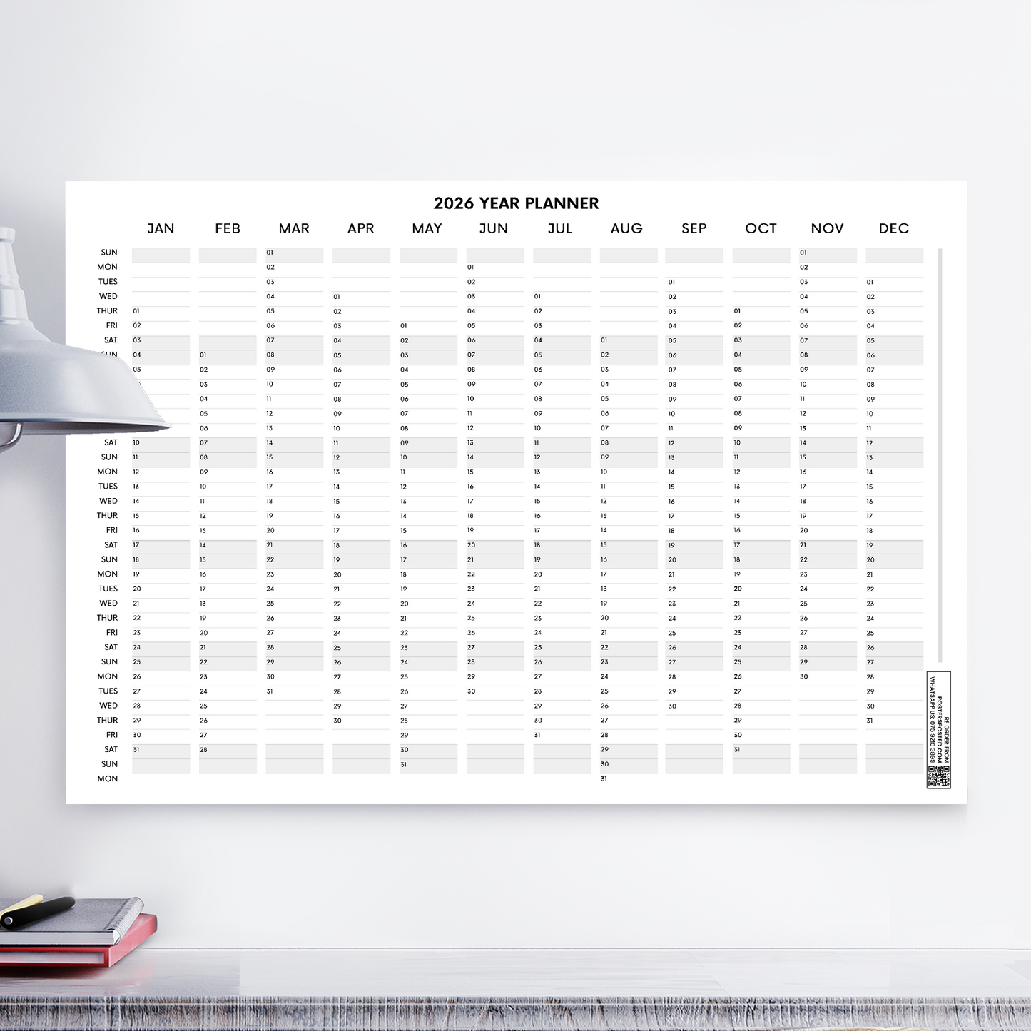 2026 Wall Planner Full Year Calendar For Home Office Work Jan-Dec A1-A5 Sizes