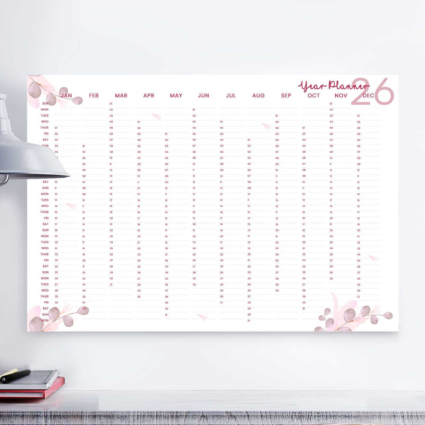 2026 Wall Planner Full Year Calendar Pink Planner For Home Office Jan-Dec A5-A3