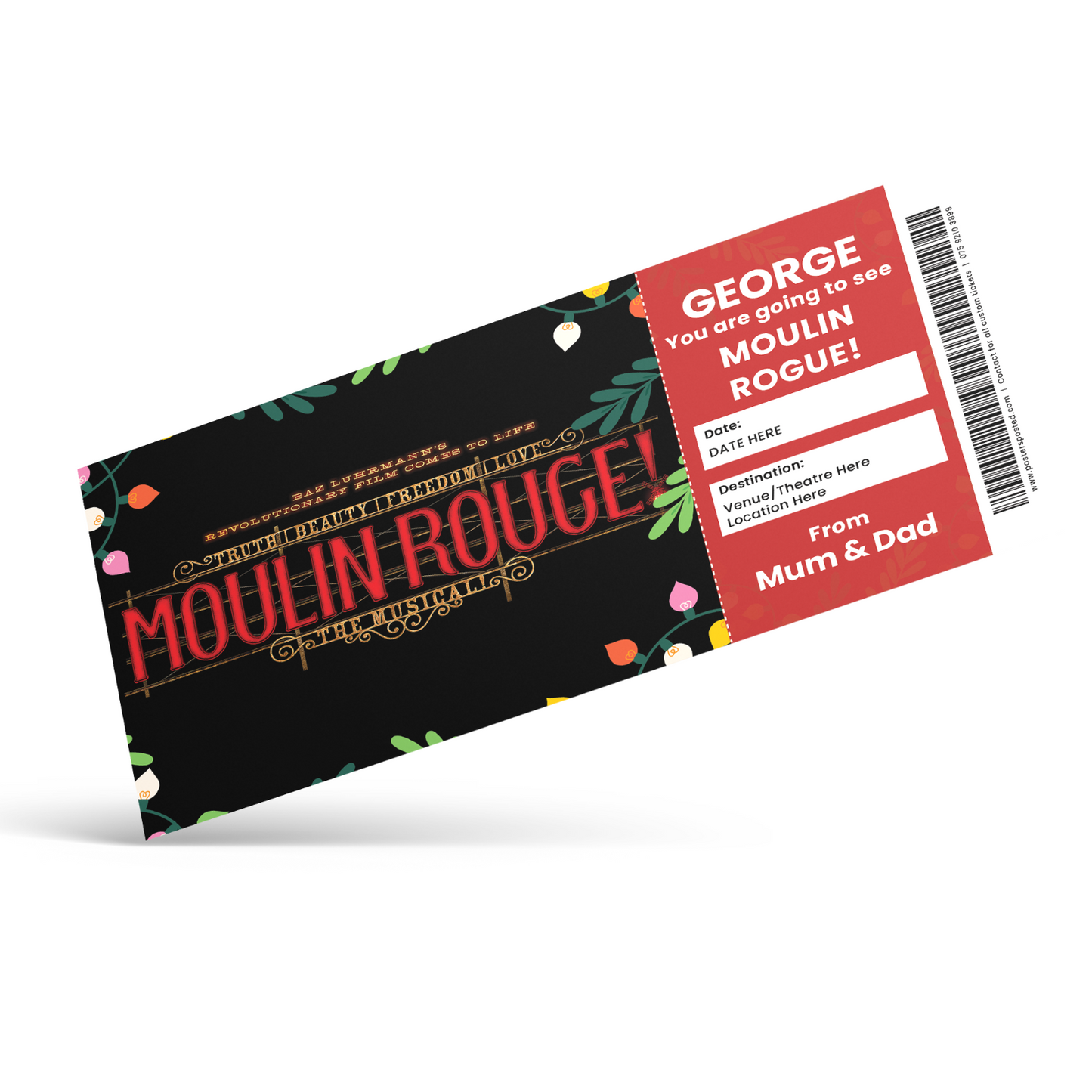 Moulin Rogue! Ticket Theatre Gift Xmas Christmas Personalised Gift Card Ticket