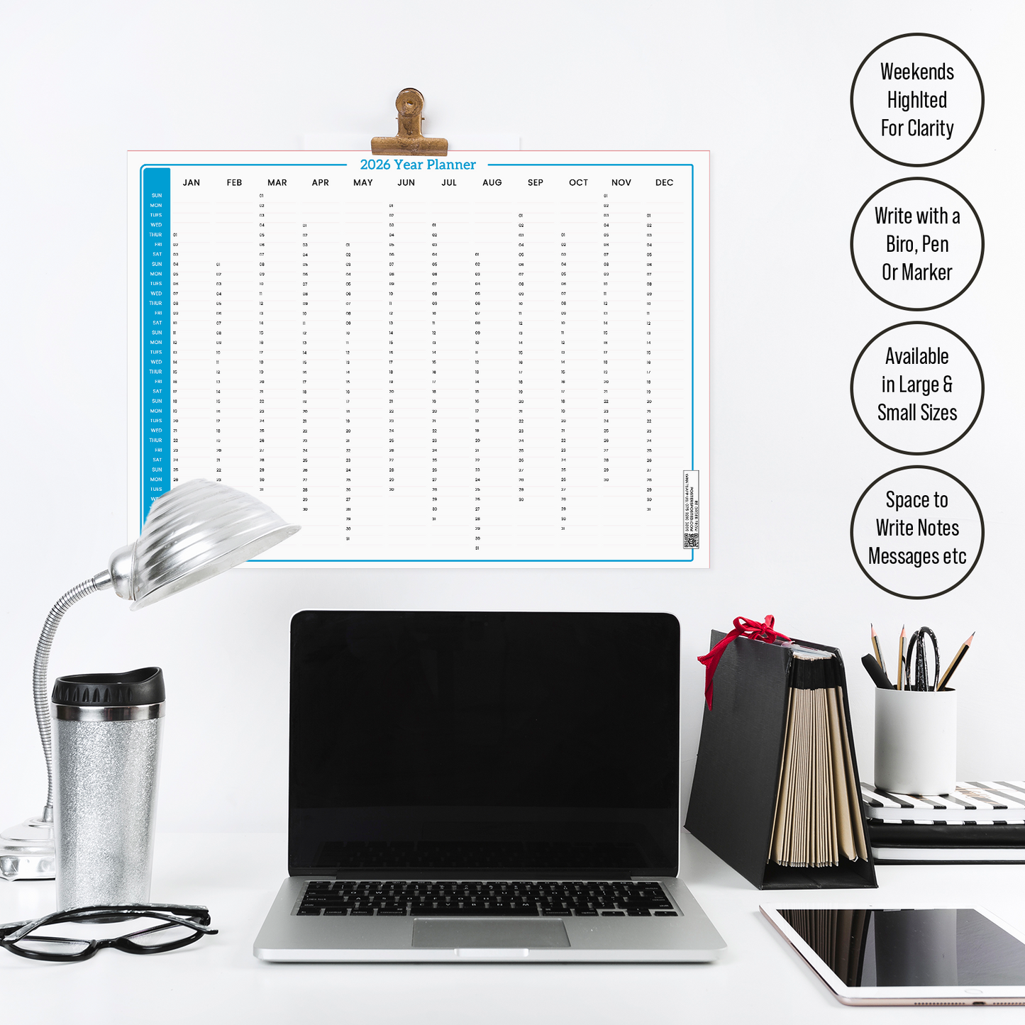 2026 Wall Planner Full Year Blue Calendar Home Office Work JAN - DEC A5 A4 A3