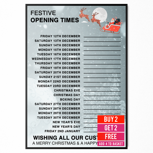 Christmas Opening Times, Hours Window Sign A5-A3 Shop Display Christmas Poster