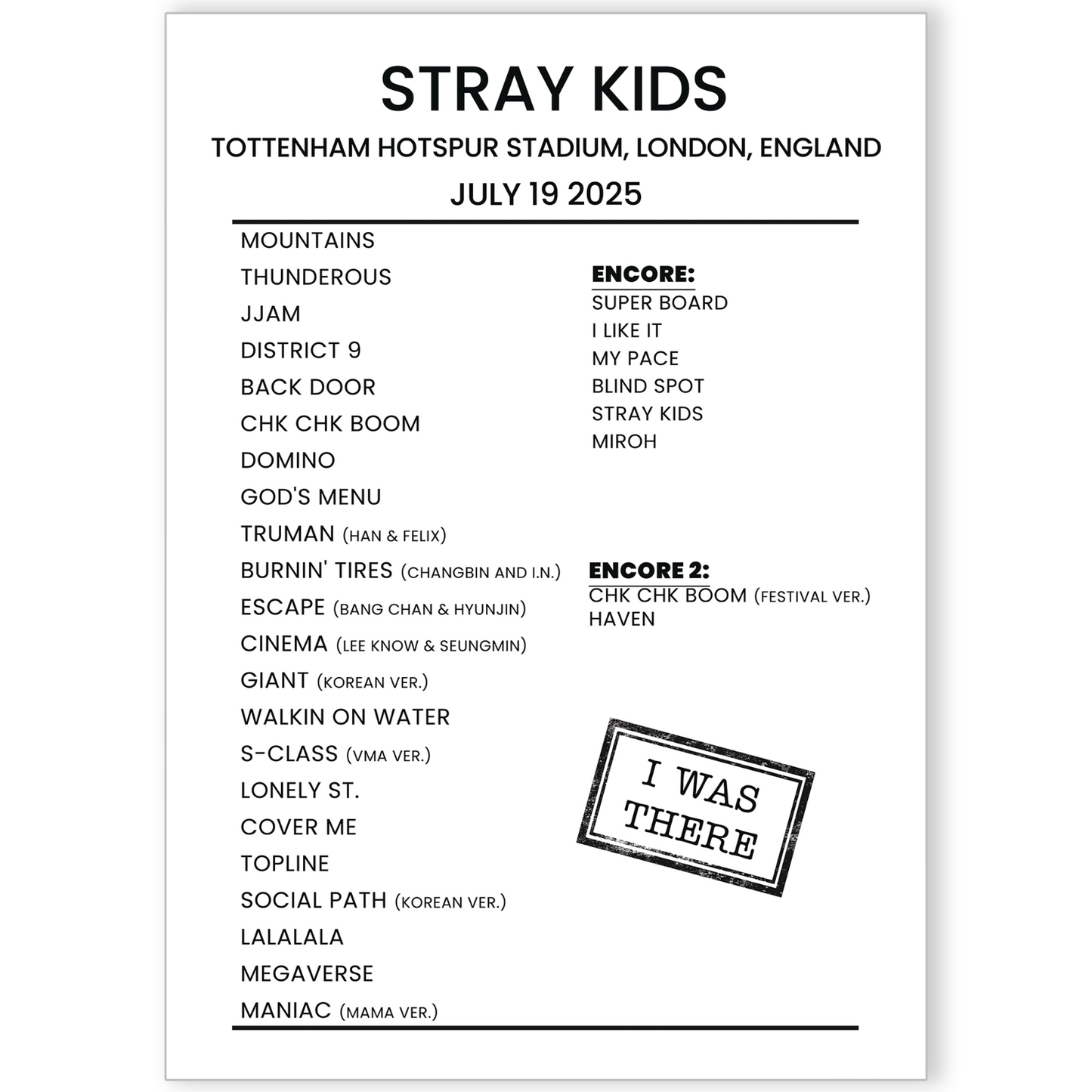 Stray Kids London 2025 Setlist Poster For Stray Kids Fans Poster Setlist A5-A3