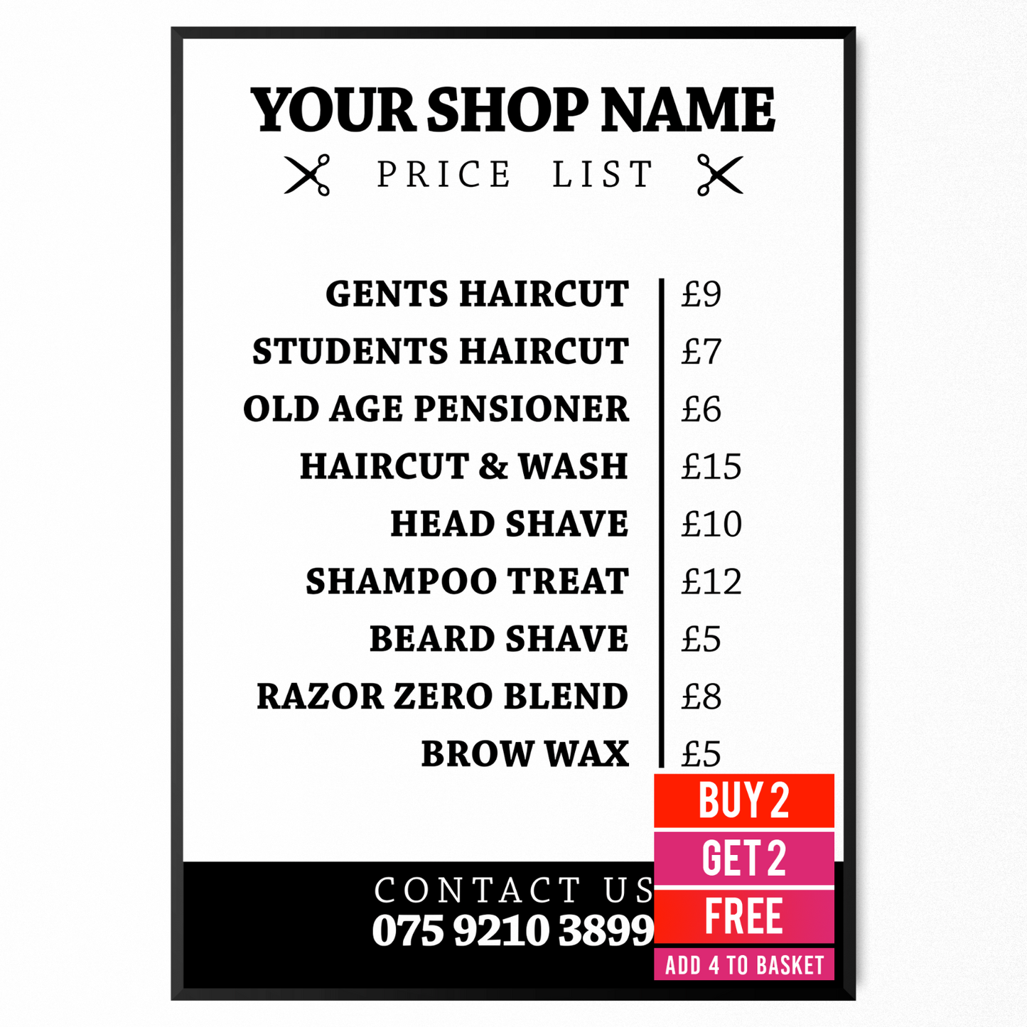 Barber Shop Price List Poster Sign - Salon Advertising Prices A5-A3