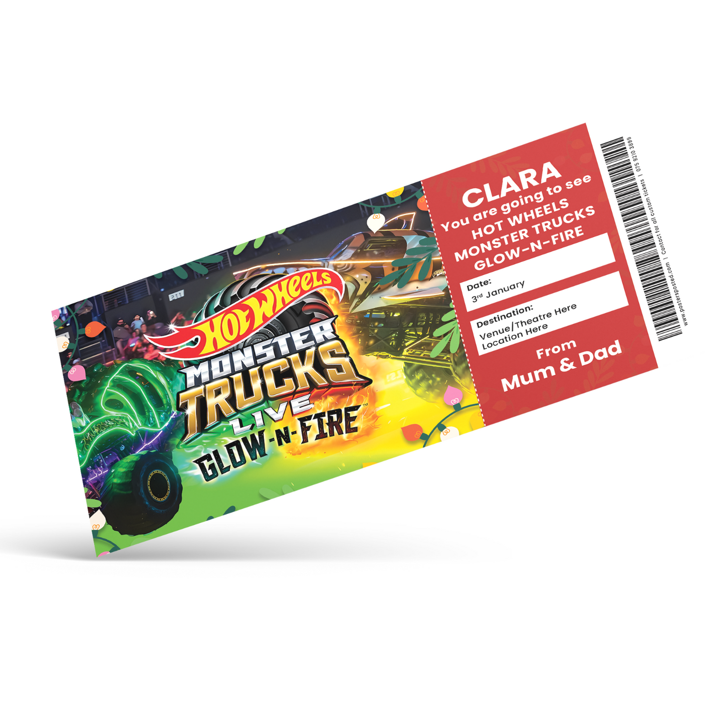 Hot Wheels Monster Truck Glow N Fire Christmas Ticket Gift Personalised Keepsake