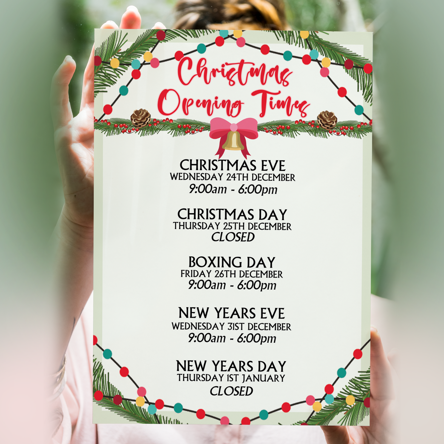 Christmas Opening Hours Poster Xmas 2025 Personalised Opening Times A5 A4 A3