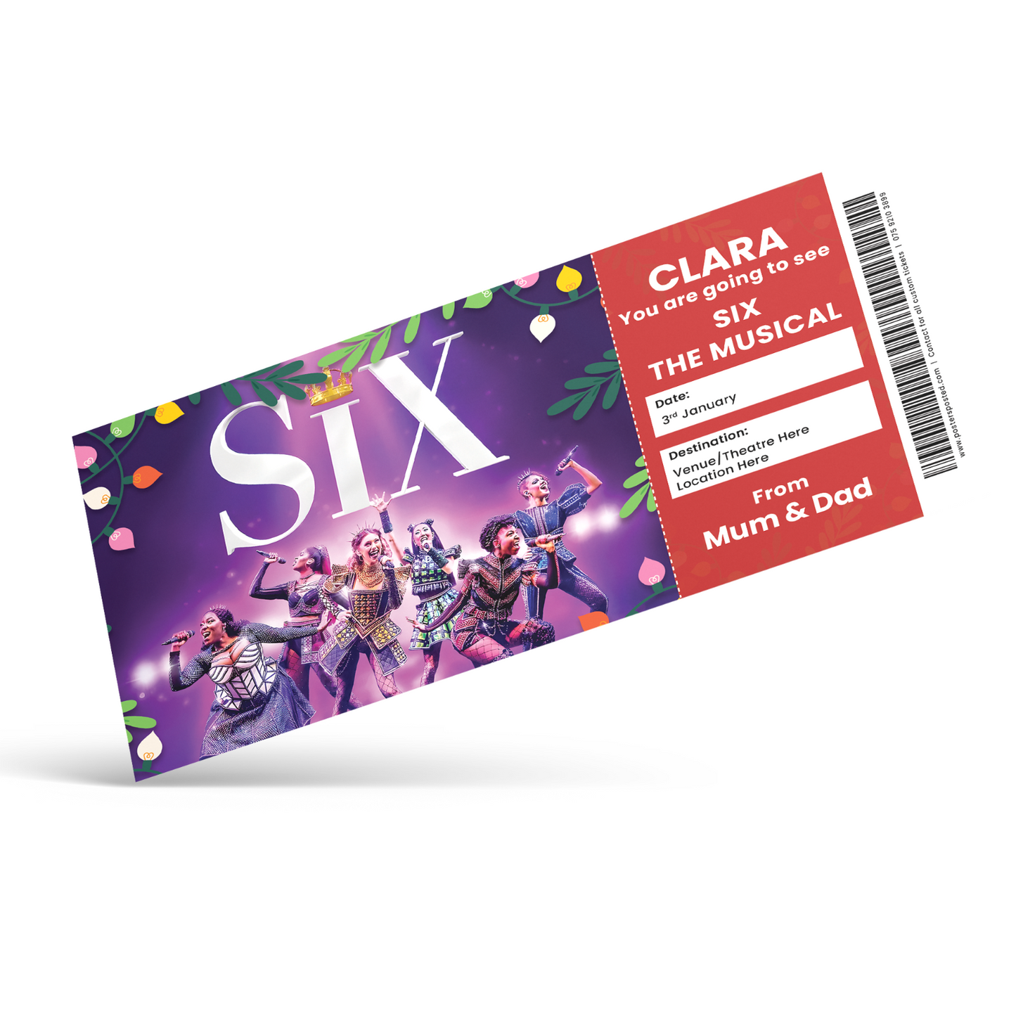 Six The Musical Ticket Christmas Xmas Gift Ticket Personalised Keepsake Card