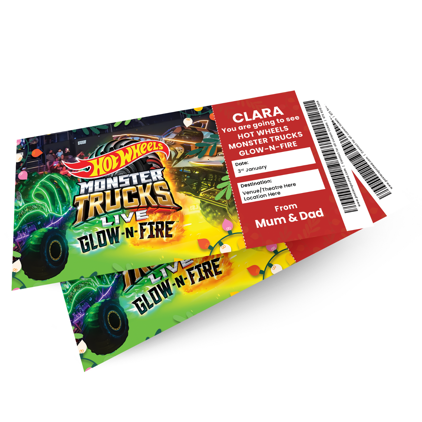 Hot Wheels Monster Truck Glow N Fire Ticket Personalised Christmas Gift Keepsake