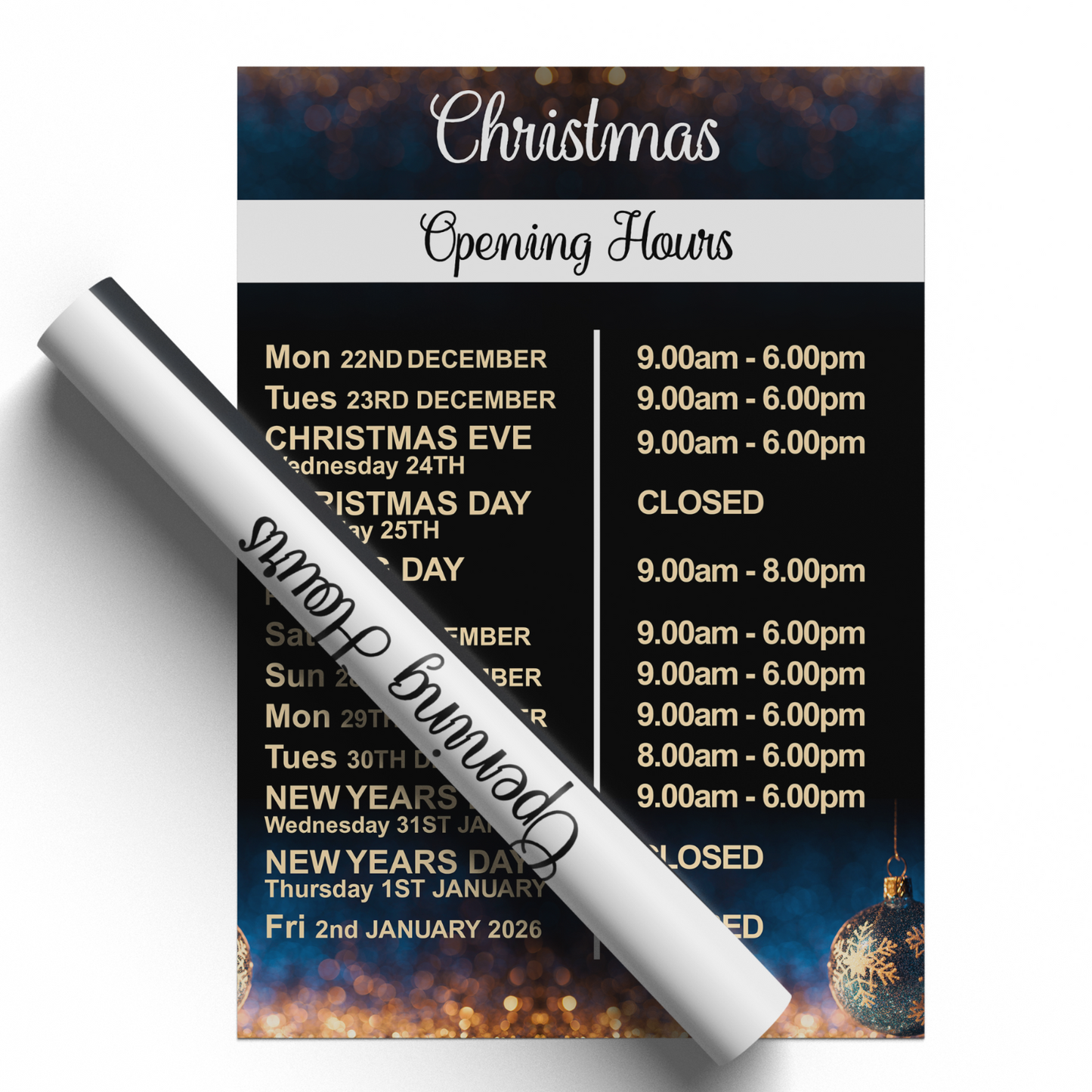 Christmas 2025 Opening Hours Posters Xmas Personalised Opening Times Signs