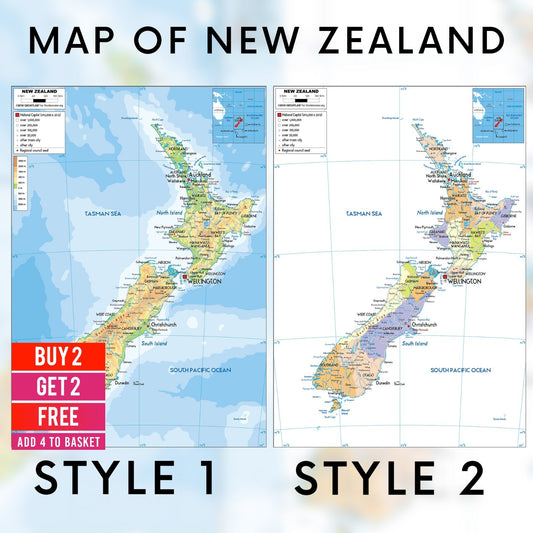 Map Of New Zealand Wall Poster Art Print A5 A4 A3 Educational Map Print
