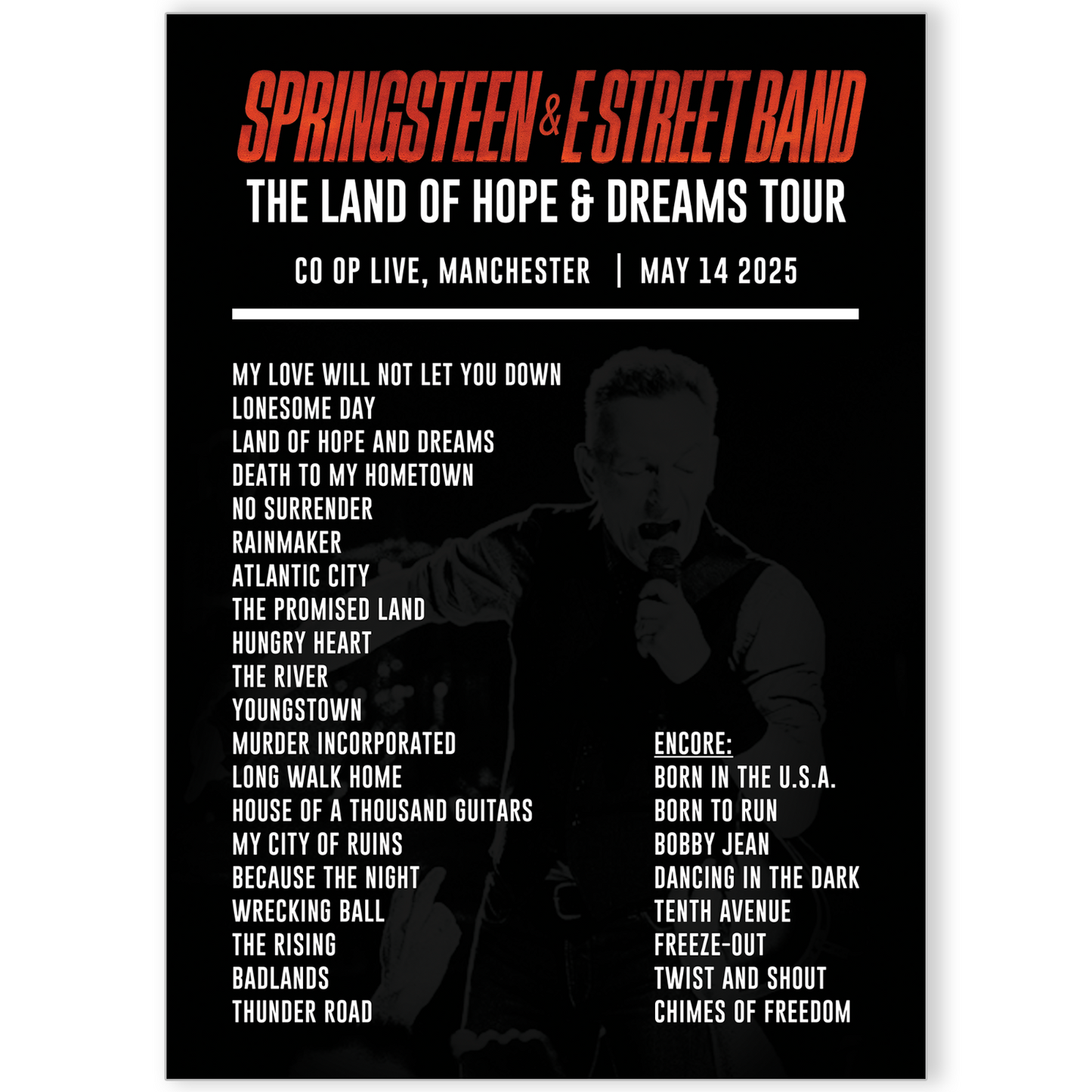 Bruce Springsteen 2025 Manchester Liverpool Live Setlist Poster UK Arena Tour