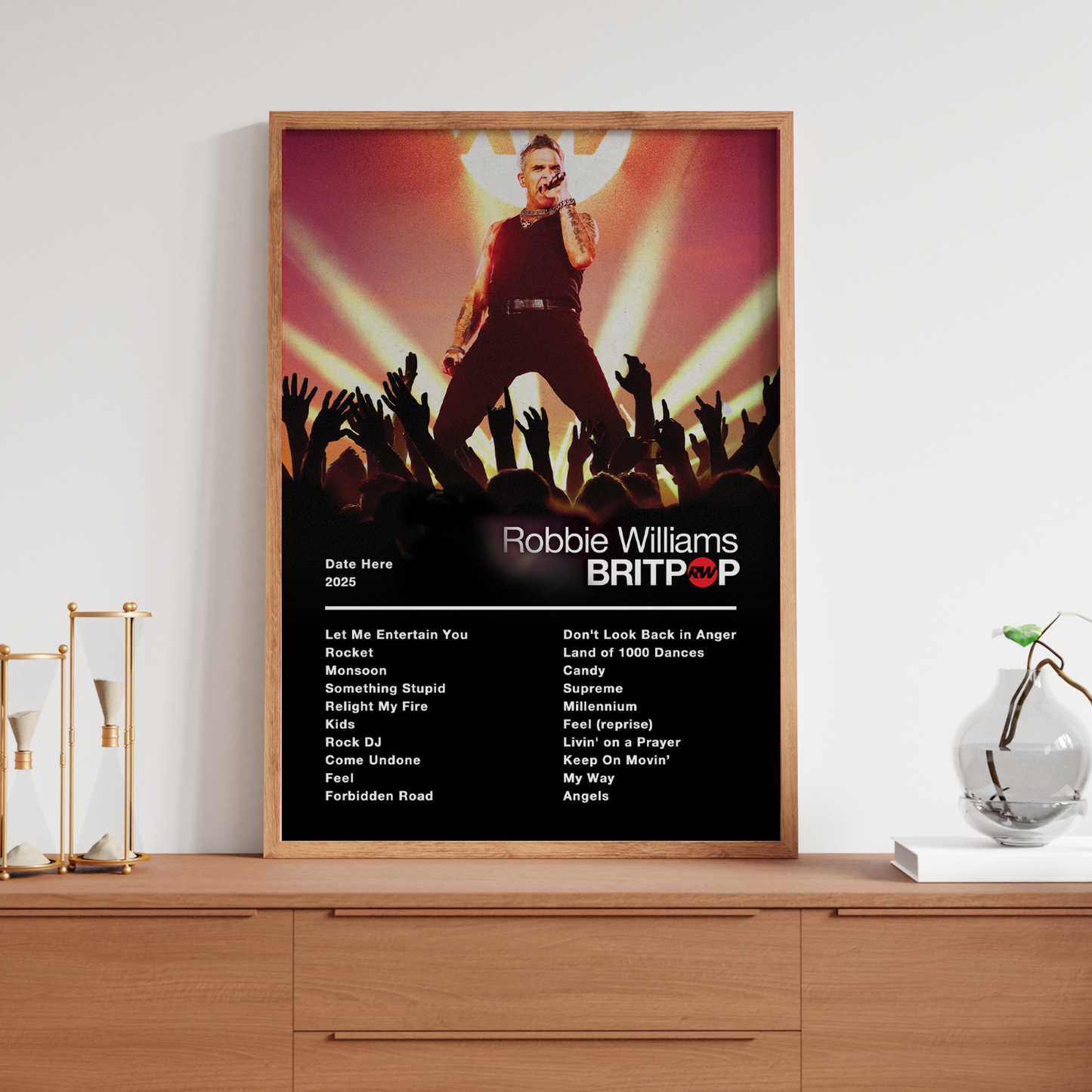 Robbie Williams 2025 UK Setlist Poster Britpop Tour Live UK/Ireland Arena Tour