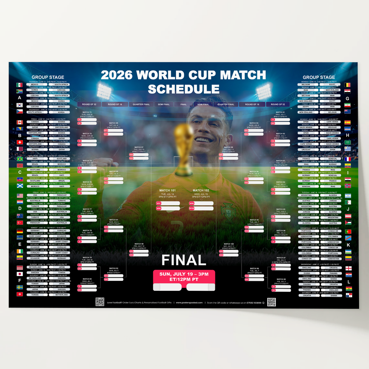 Football World Cup 2026 Poster Ronaldo Edition Wall Chart + FREE A4 FLAG POSTER