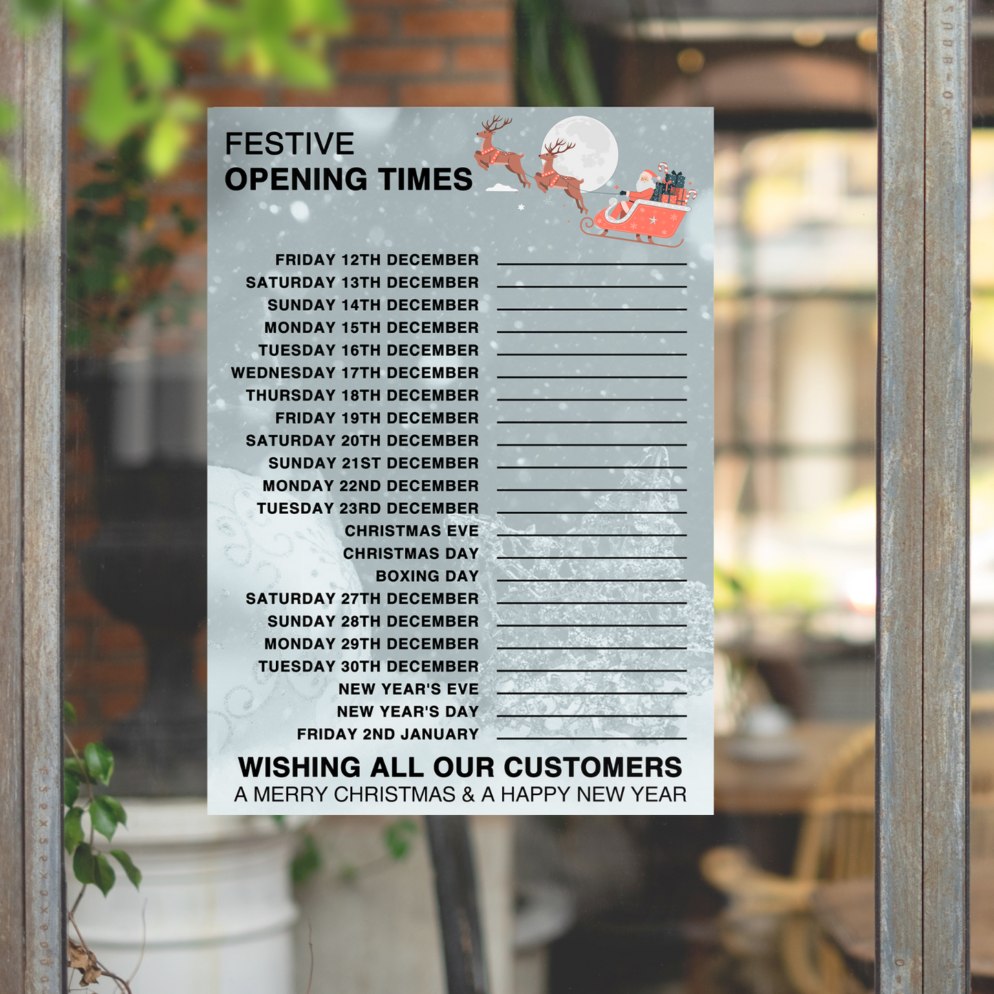 Christmas Opening Times, Hours Window Sign A5-A3 Shop Display Christmas Poster