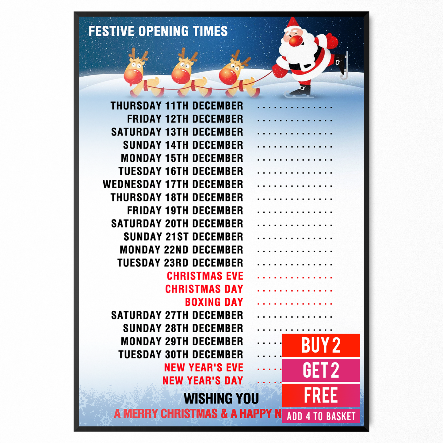 CHRISTMAS SHOP OPENING HOURS AND TIME XMAS 2025 ADVERTISEMENT POSTER A5-A3