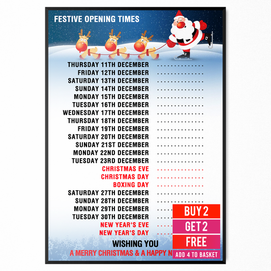 CHRISTMAS SHOP OPENING HOURS AND TIME XMAS 2025 ADVERTISEMENT POSTER A5-A3