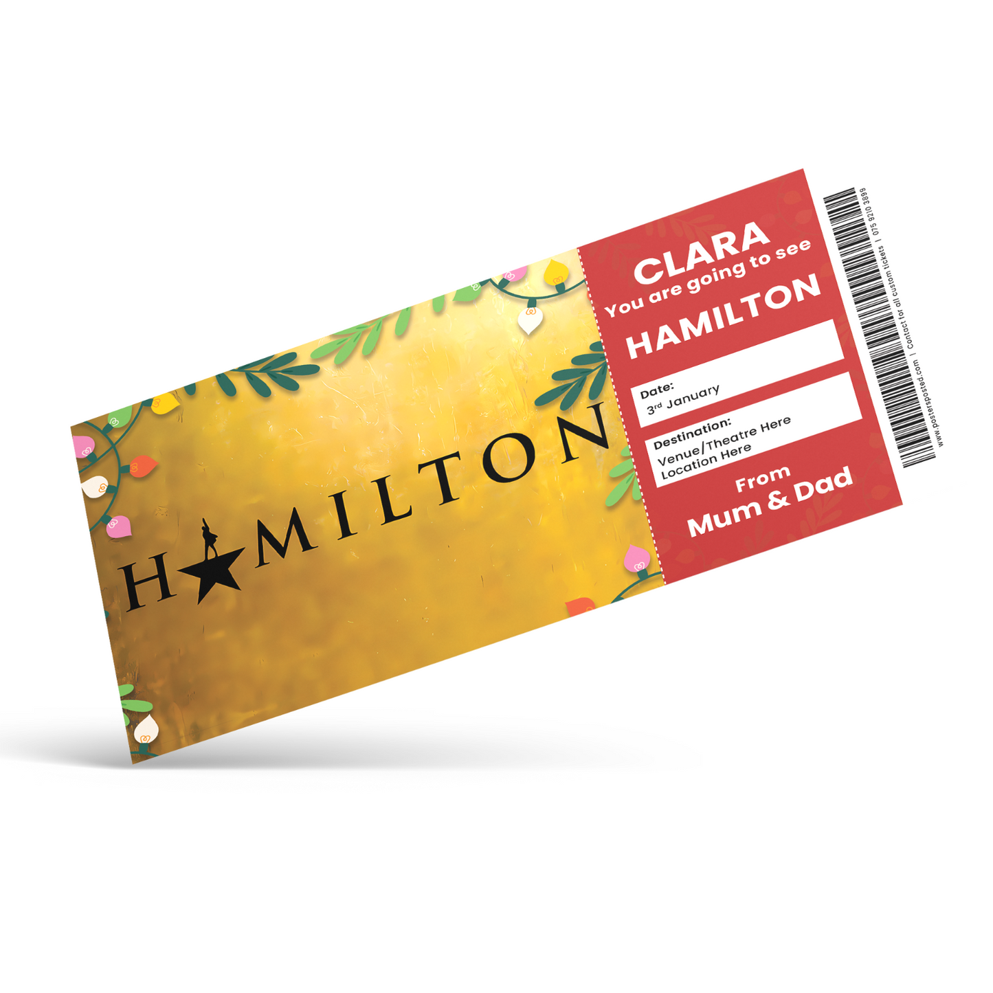 Hamilton Ticket Personalised Christmas Theatre Keepsake Ticket Xmas Gift Card