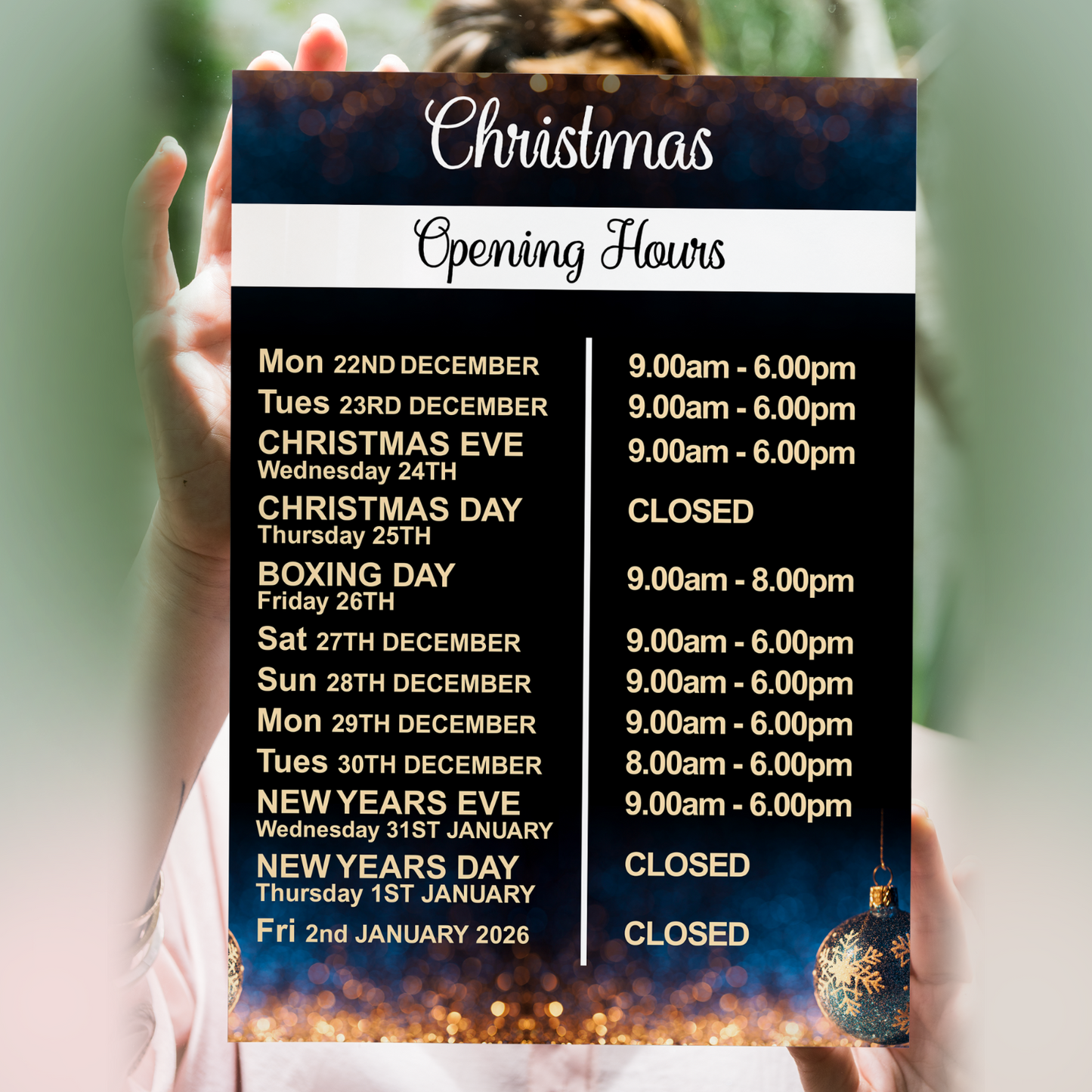 Christmas 2025 Opening Hours Posters Xmas Personalised Opening Times Signs