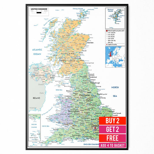 UK Countries Map Educational Wall Chart Poster Print | A5 A4 A3 A2 A1 |