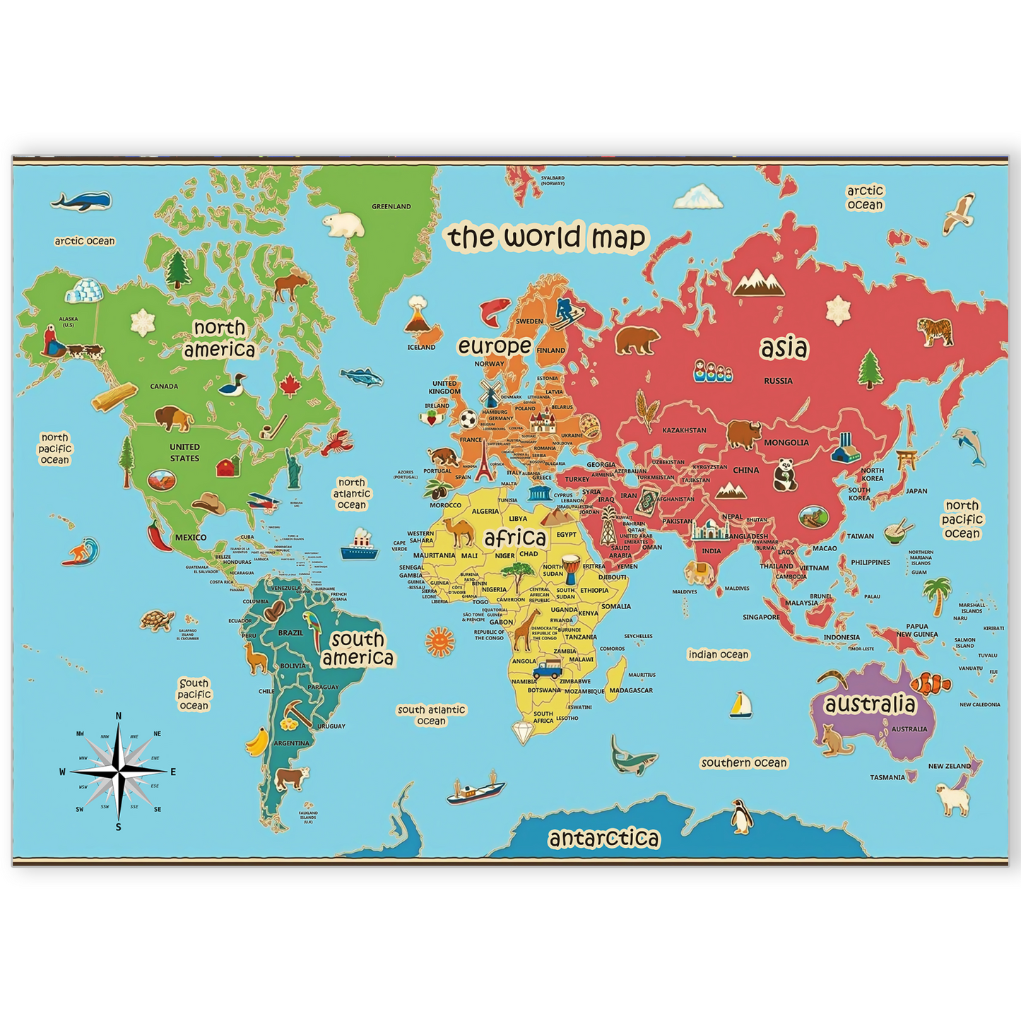 World Map Poster Kids Animal Map Colourful Educational Wall Poster A5-A3