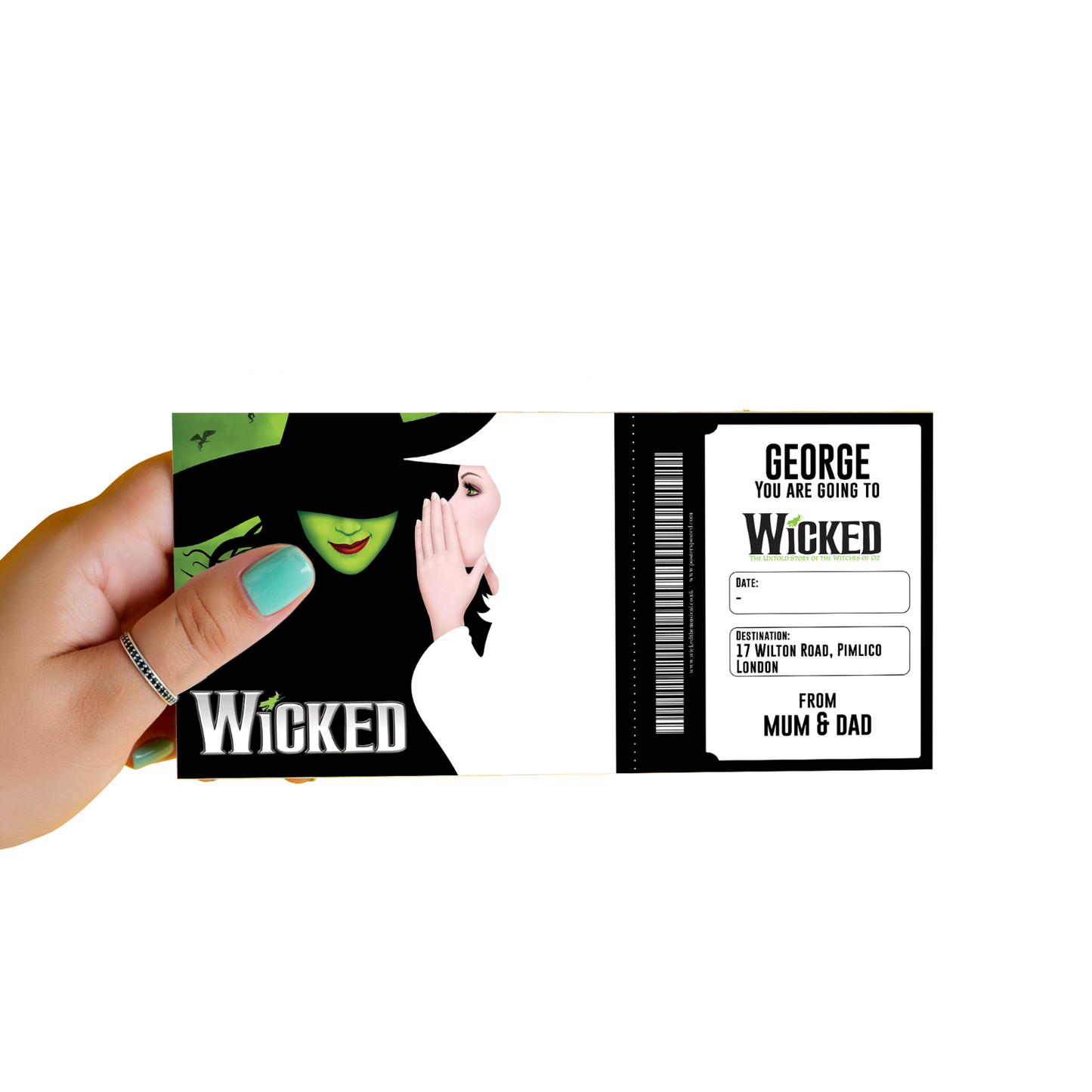 WICKED Musical Theatre Ticket Personalised Gift Surprise Event Voucher