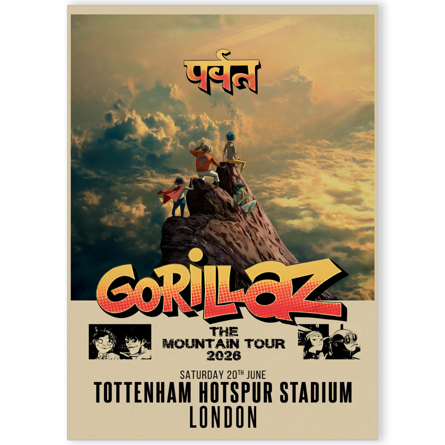 GORILLAZ THE MOUNTAIN TOUR POSTER  Tottenham Hotspur Stadium 2026 LONDON A5-A3