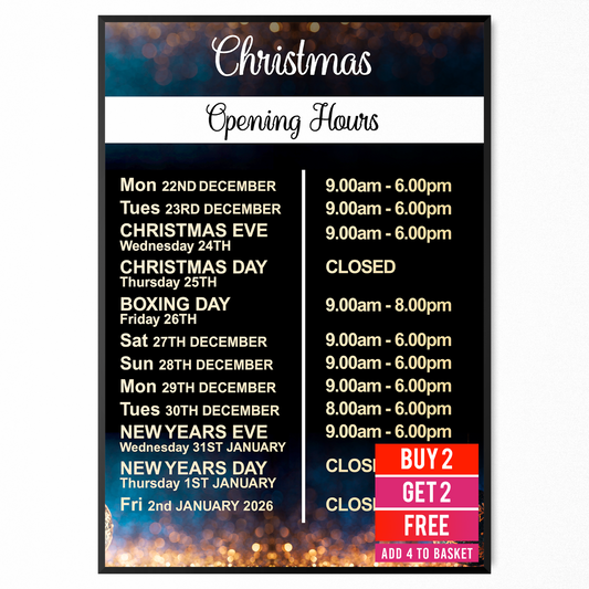 Christmas 2025 Opening Hours Posters Xmas Personalised Opening Times Signs