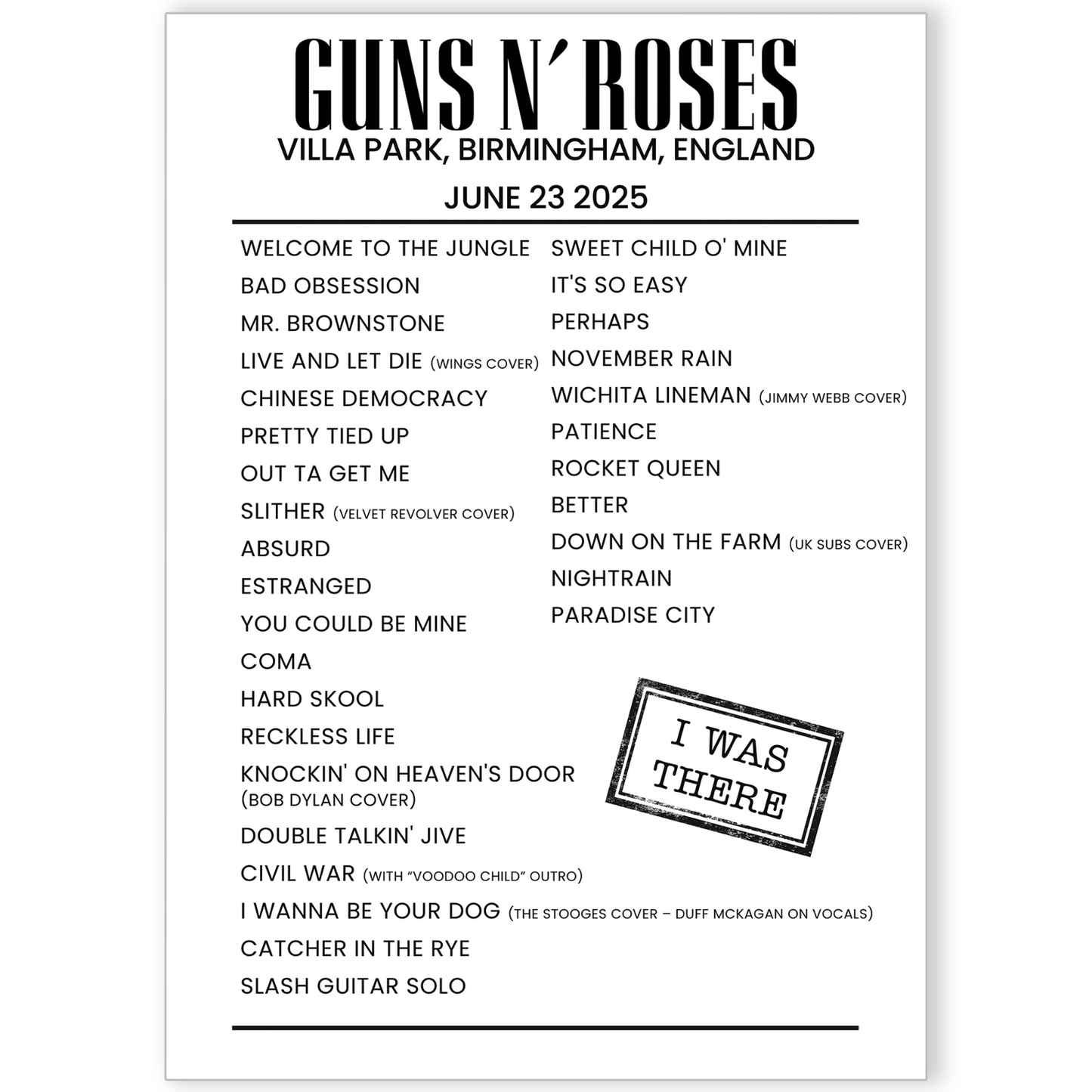 Guns N' Roses Setlist Poster 23 June UK Tour Concert Fan Print A5-A3