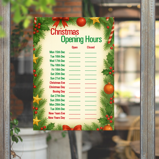 Christmas Shop Opening Times And Hours Poster Notice Sign Christmas New Year