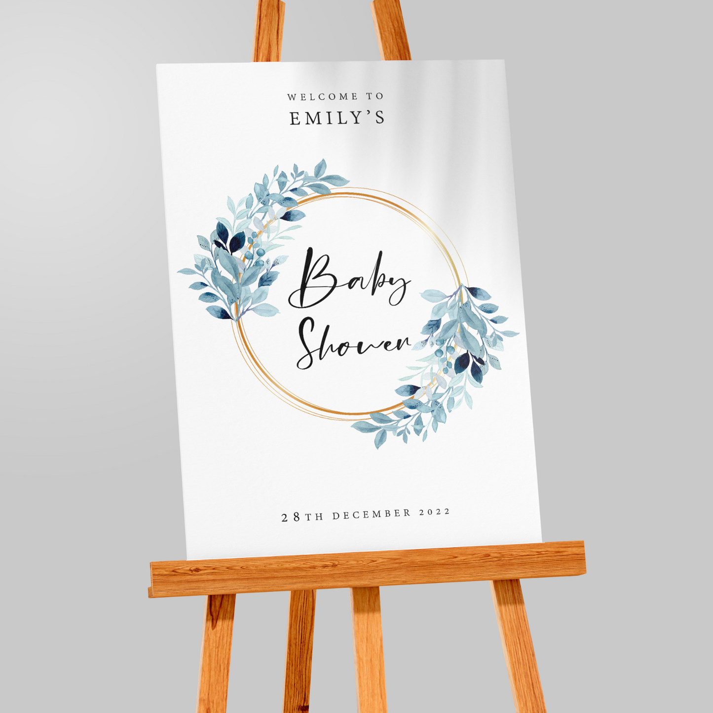 Baby Shower Welcome Party Sign Blue Foliage Floral Personalised Print A5 A4 A3